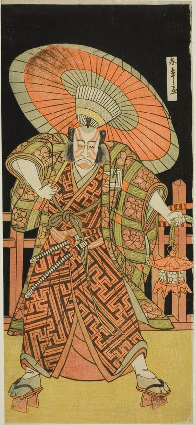 Aktor Ichikawa Danjuro V jako Kazusa no Gorobei Tadamitsu w sztuce Kitekaeru Nishiki no Wakayaka, wystawiony w Teatrze Nakamura w jedenastym miesiącu, 1780 autorstwa Katsukawa Shunsho