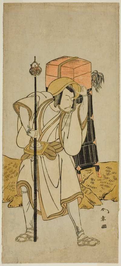 Aktor Ichikawa Danjuro V jako Moriya no Daijin przebrany za Rokuju-rokubu w sztuce Miya-bashira Iwao no Butai, wystawionej w Teatrze Morita w siódmym miesiącu 1773 autorstwa Katsukawa Shunsho