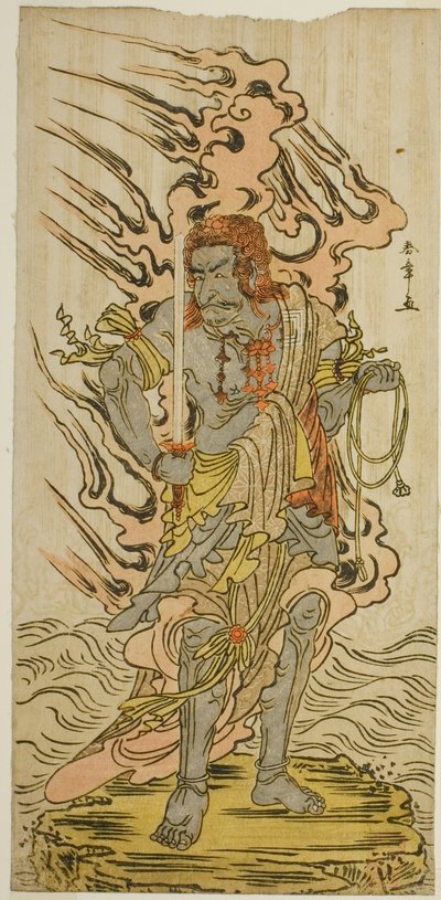 Aktor Ichikawa Danjuro V jako kamienny obraz Fudo Myoo w sztuce Kitekaeru Nishiki no Wakayaka, wystawionej w Teatrze Nakamura w jedenastym miesiącu, 1780 autorstwa Katsukawa Shunsho