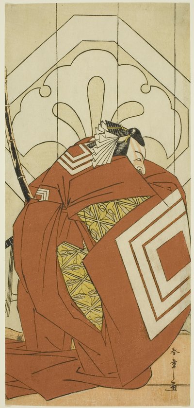 Aktor Ichikawa Danjuro V w roli "Shibaraku", prawdopodobnie jako Kato Hyoeisa Shigemitsu, w trzeciej scenie sztuki Masakado Kammuri no Hatsuyuki (Pierwszy śnieg na nakryciu głowy Taira no Masakado), wystawianej w teatrze Nakamura w jedenastym roku po wojni autorstwa Katsukawa Shunsho