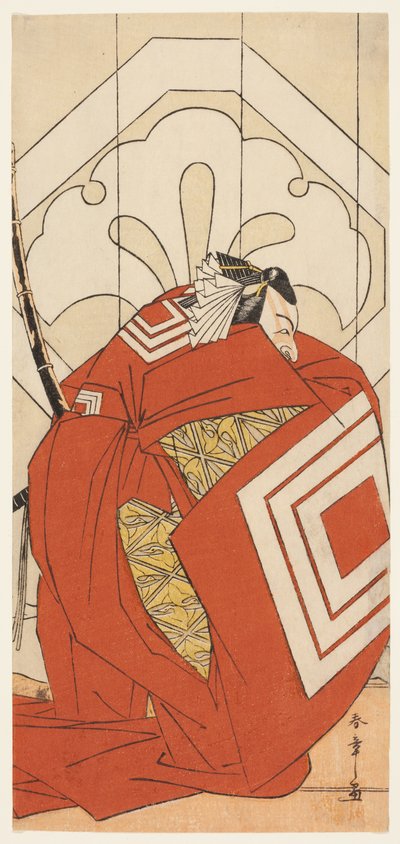 Aktor Ichikawa Danjuro V w roli "Shibaraku", prawdopodobnie jako Kato Hyoeisa Shigemitsu, w trzeciej scenie sztuki Masakado Kammuri no Hatsuyuki (Pierwszy śnieg na nakryciu głowy Taira no Masakado), wystawianej w teatrze Nakamura w jedenastym roku po wojni autorstwa Katsukawa Shunsho