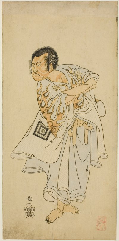 Aktor Ichikawa Danzo III jako święty pustelnik Narukami w sztuce „Narukami”, wystąpił z „Miyakodori Azuma Komachi (Ptak stolicy: Komachi ze Wschodu)” w Teatrze Morita w trzecim miesiącu 1768 r. autorstwa Katsukawa Shunsho