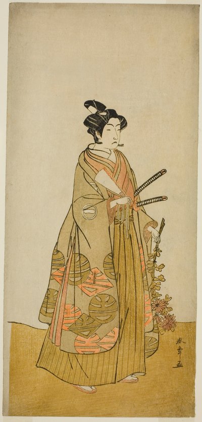Aktor Ichikawa Monnosuke II jako Kichisaburo, Temple Page of Kichijo-ji, w sztuce Sono Kyodai Fuji no Sugatami, wystawionej w Teatrze Morita w drugim miesiącu, 1776 autorstwa Katsukawa Shunsho