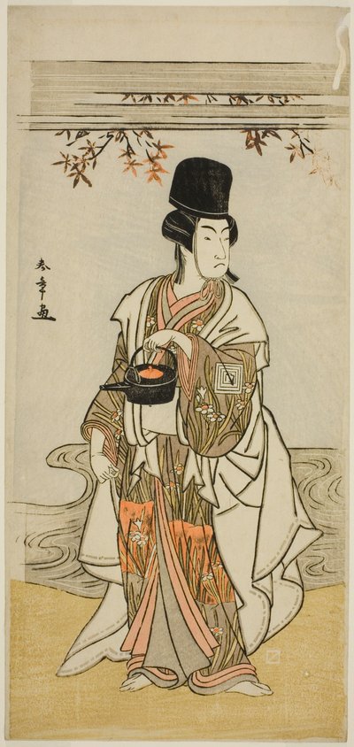 Aktor Ichikawa Monnosuke II jako sługa dworski Shoheida Sadamori w sztuce Masakado Kammuri no Hatsuyuki, wystawionej w Teatrze Nakamura w jedenastym miesiącu, 1777 autorstwa Katsukawa Shunsho