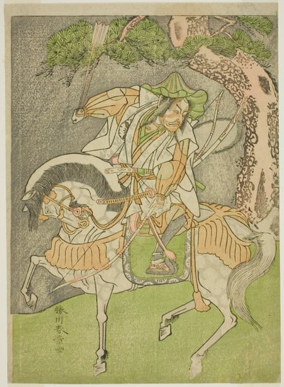 Aktor Matsumoto Koshiro II jako Kagekiyo przebrany za Omi Yawatanosuke w sztuce Haru wa Soga Akebono-zoshi, wystawionej w Teatrze Nakamura w pierwszym miesiącu 1772 autorstwa Katsukawa Shunsho