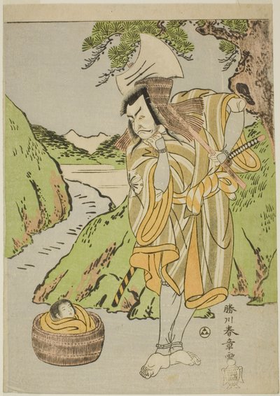 Aktor Matsumoto Koshiro II jako Osada no Taro Kagemune przebrany za drwala Gankutsu no Gorozo, w czwartym akcie (?) sztuki Nue no Mori Ichiyo no Mato (Las potwora Nue: cel jedenastego miesiąca), wystawiony na Teatr Nakamura autorstwa Katsukawa Shunsho