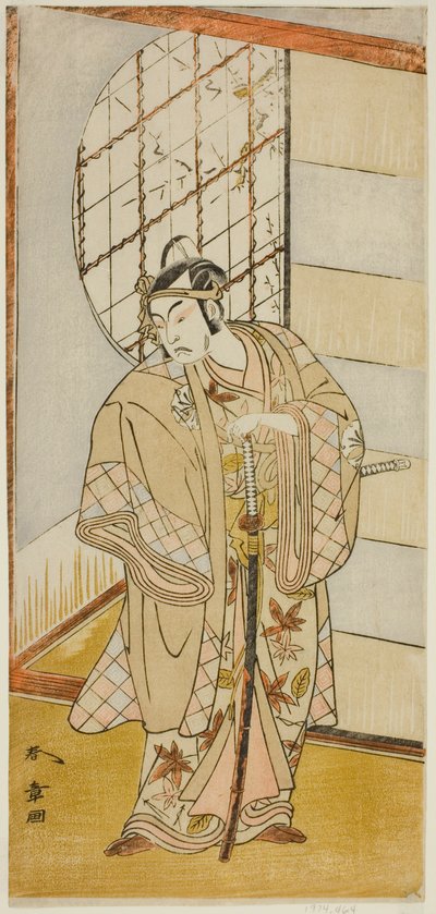 Aktor Matsumoto Koshiro IV jako Matsuo-maru w sztuce Sugawara Denju Tenarai Kagami, wystawionej w Teatrze Nakamura w dziewiątym miesiącu, 1773 autorstwa Katsukawa Shunsho