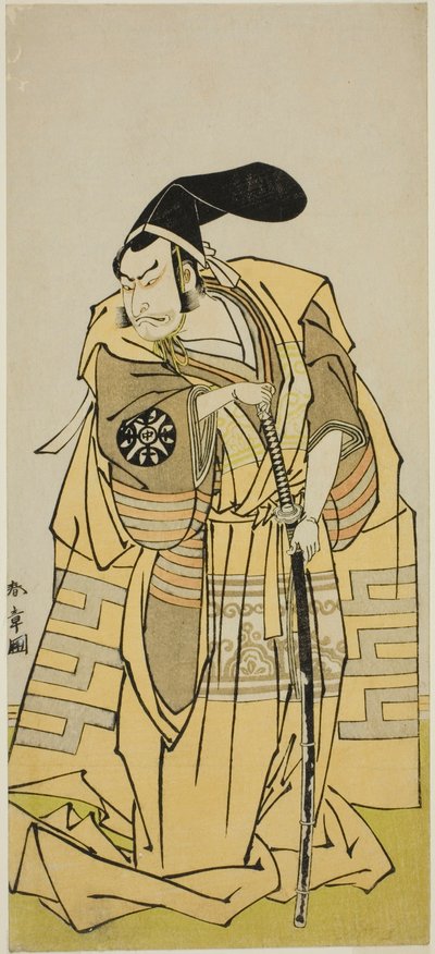 Sztuka Iro Moyo Aoyagi Soga (?) jest wystawiana w Teatrze Nakamura w drugim miesiącu 1775 (?) autorstwa Katsukawa Shunsho