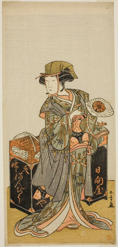 Aktor Nakamura Tomijuro I jako żeński handlarz ciastkami fasoli Hyugaya w sztuce Chigo Torii Tobiiri Kitsune, wystawionej w Teatrze Ichimura w jedenastym miesiącu, 1777 autorstwa Katsukawa Shunsho