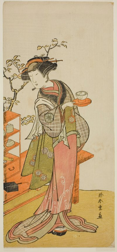 Aktor Nakamura Tomijuro I jako kelnerka Otake w sztuce Chigo Suzuri Aoyagi Soga, wystawionej w Teatrze Nakamura w pierwszym miesiącu 1777 autorstwa Katsukawa Shunsho