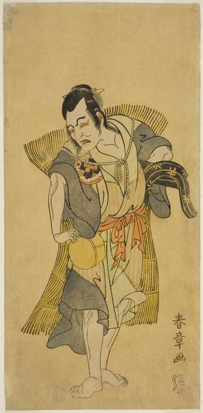 Aktor Nakamura Utaemon I jako Kudo Suketsune przebrany za żebraka w sztuce Soga Moyo Aigo no Wakamatsu, wystawionej w Teatrze Nakamura w pierwszym miesiącu 1769 autorstwa Katsukawa Shunsho