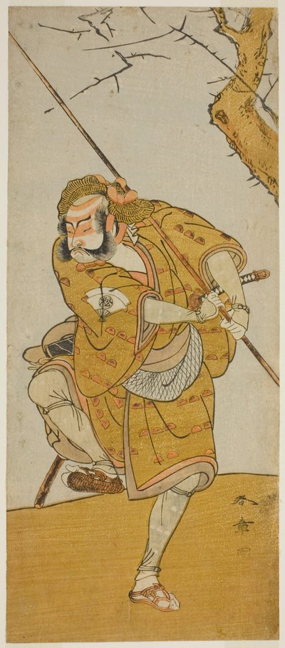Aktor Onoe Matsusuke I jako Kobayashi no Asahina przebrany za łapacza ptaków w sztuce Edo no Haru Meisho Soga, wystawionej w teatrze Ichimura w trzecim miesiącu, 1773 autorstwa Katsukawa Shunsho