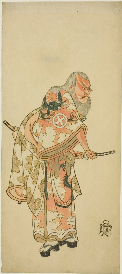 Aktor Otani Hiroemon III jako Hige no Ikyu w scenie „Sukeroku” w sztuce „Hitokidori Harutsuge Soga” autorstwa Katsukawa Shunsho
