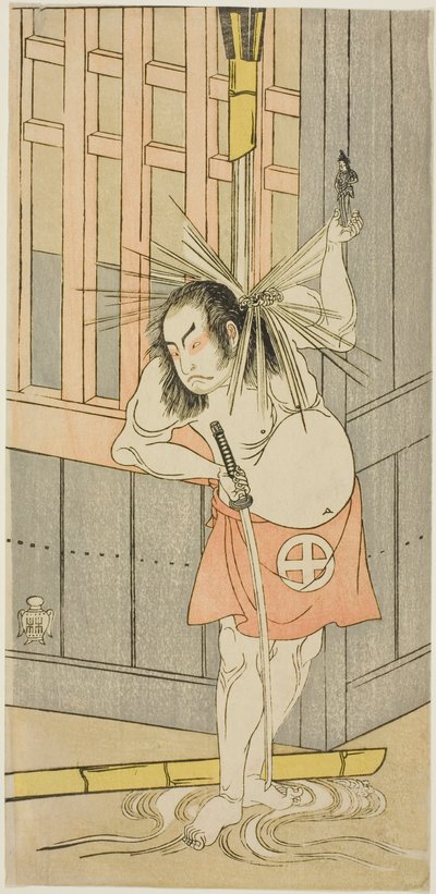 Aktor Otani Hiroji III, prawdopodobnie jako Akaneya Hanshichi w sztuce Fuji no Yuki Kaikei Soga (Śnieg na górze Fudżi: Soga Vendetta), wystawiona w teatrze Ichimura od piętnastego dnia pierwszego miesiąca, 1770 autorstwa Katsukawa Shunsho