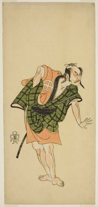 Aktor Otani Hiroji III jako Onio Shinzaemon (?) w sztuce Bunshin Sugatami Soga (?), Wystawiony w Teatrze Morita (?) w drugim miesiącu, 1765 (?) autorstwa Katsukawa Shunsho