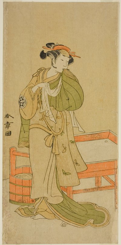 Aktor Yamashita Kinsaku II jako Moshio w sztuce Izu-goyomi Shibai no Ganjitsu, wystawionej w Teatrze Morita w jedenastym miesiącu, 1772 autorstwa Katsukawa Shunsho
