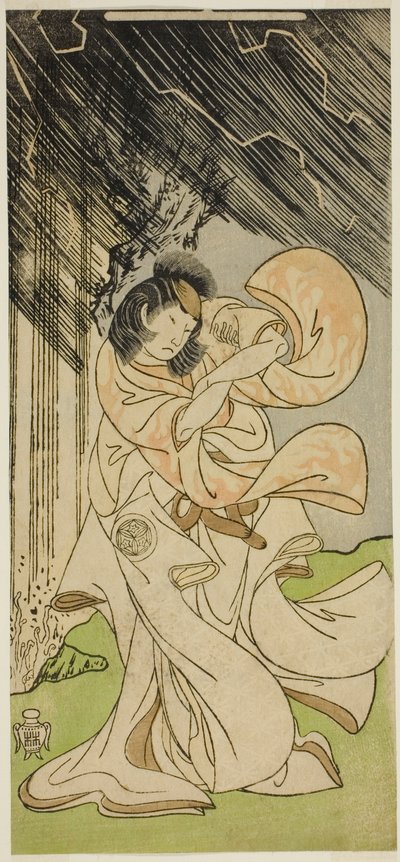 Aktor Yamashita Kinsaku II jako bogini piorunów w sztuce Onna Narukami, wystawionej w Teatrze Morita w pierwszym miesiącu 1770 autorstwa Katsukawa Shunsho