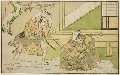 Aktorzy Arashi Sangoro II jako Hojo Tokiyori (po prawej) i Otani Hiroji III jako Koga Saburo (po lewej), w sztuce Kono Hana Yotsugi no Hachi no Ki, wystawionej w Teatrze Ichimura w jedenastym miesiącu 1771 autorstwa Katsukawa Shunsho