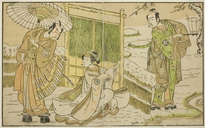 Aktorzy Arashi Sangoro II jako Minamoto no Yoritomo (po prawej), Segawa Kikunojo II jako Yuki Onna (w środku) i Ichimura Uzaemon IX jako Kajiwara Genta no Kagetoki, w spektaklu Myoto-giku Izu no Kisewata, Wystawiony w Teatrze Ichimura w Jedenasty Miesiąc, autorstwa Katsukawa Shunsho