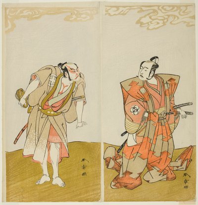 Aktorzy Bando Mitsugoro I jako Hata no Kawakatsu (po prawej) i Otani Hiroemon III jako sługa (Yakko) Gansuke (po lewej), w sztuce Miya-bashira Iwao no Butai (Filary świątyni na kamiennej podstawie), w wykonaniu Morita Teatr z XV Dnia t autorstwa Katsukawa Shunsho