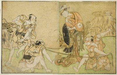Aktorzy Bando Zenji I jako Nagahashi Saburo, Iwai Hanshiro IV jako Otatsu-gitsune, Nakamura Konozo jako Hagai Ujitsune oraz niezidentyfikowany aktor (od prawej do lewej) w sztuce Nue no Mori Ichiyo no Mato, wystawionej w Teatrze Nakamura w Jedenasty Miesią autorstwa Katsukawa Shunsho