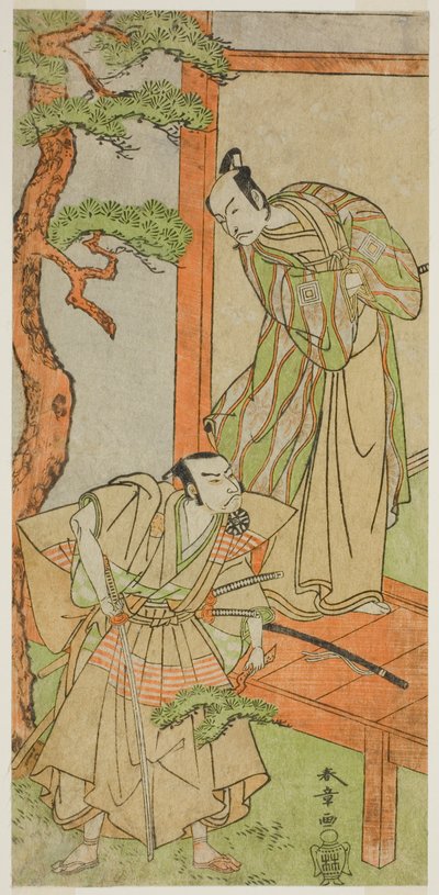 Aktorzy Ichikawa Danjuro V jako Momonoi Wakasanosuke (po prawej) i Nakamura Nakazo I jako Kakogawa Honzo (po lewej), w sztuce Kanadehon Chushingura, wystawionej w Teatrze Nakamura w piątym miesiącu, 1771 autorstwa Katsukawa Shunsho
