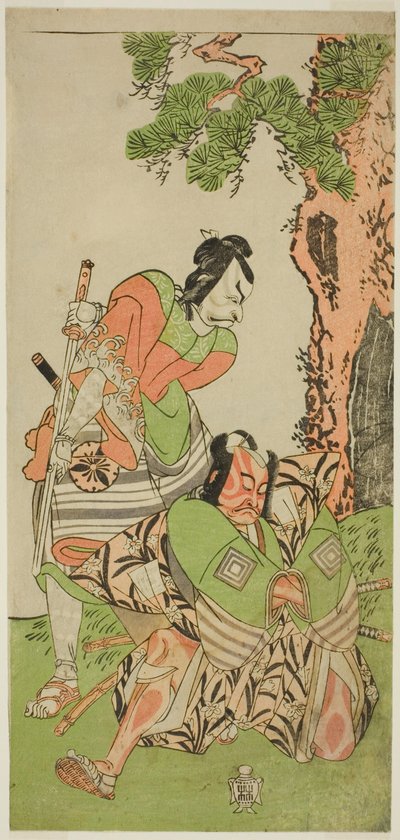 Aktorzy Ichikawa Danzo III jako I no Hayata Tadazumi (po prawej) i Matsumoto Koshiro II jako Osada no Taro Kagemune w przebraniu Yatsurugiego Zaemona (po lewej), w sztuce Nue no Mori Ichiyo no Mato, wystawionej w Teatrze Nakamura w jedenastym miesiącu , 17 autorstwa Katsukawa Shunsho