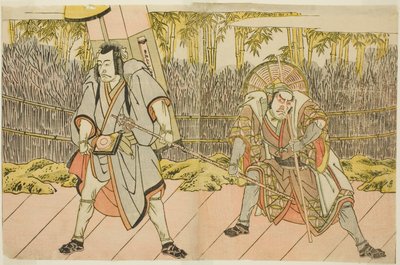 Aktorzy Ichikawa Danzo IV jako Arakawa Taro Takesada w przebraniu Tarobei noszącego palankinę (po prawej) i Ichikawa Danjuro V jako Abe no Sadato w przebraniu Pielgrzyma Kuriyagawa Jirodayu (po lewej), w sztuce Godai Genji Mitsugi no Furisode, grane na autorstwa Katsukawa Shunsho