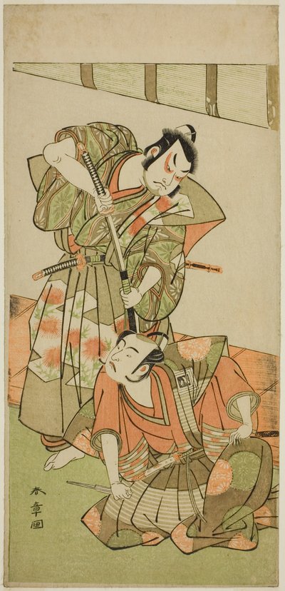 Aktorzy Ichikawa Yaozo II jako Konoshita Hyokichi (?) (po prawej) i Sakata Hangoro II jako Matsunaga Daizen Hisahide (?) (po lewej), w sztuce Gion Sairei Shinko Ki (?), wystawionej w Teatrze Ichimura (?) w piąty miesiąc, 1775 (?) autorstwa Katsukawa Shunsho