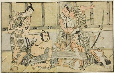 Aktorzy Ichikawa Yaozo II jako Kujaku no Saburo, Matsumoto Koshiro II jako Hata no Daizen Taketora, Nakajima Mihoemon II jako Aramaki Mimishiro i Nakamura Shocho I jako Ki no Tsurayuki (od prawej do lewej), w sztuce Kuni no Hana Ono no Itsumoji, Wykonywane autorstwa Katsukawa Shunsho