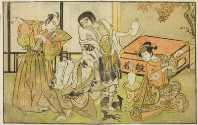 Aktorzy Iwai Hanshiro IV jako Otatsu-gitsune, Nakamura Nakazo I jako Raigo Ajari, Sakata Tojuro III jako Kamada Gon-no-kami Masayori i Ichikawa Yaozo II jako Sakon-gitsune (od prawej do lewej), w sztuce „Nue no Mori Ichiyo no Mato” wystąpił w Nakamura T autorstwa Katsukawa Shunsho