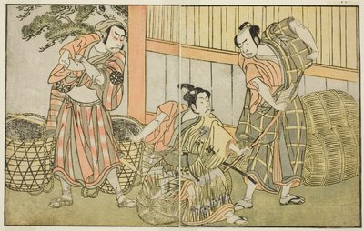 Aktorzy Kasaya Matakuro II jako Hagun Taro (po prawej), Ichikawa Monnosuke II jako Izutsu no Suke Narihira (w środku) i Nakamura Nakazo I jako Kose no Kanaoka przebrany za Sogoro Wytwórca węgla drzewnego w sztuce Kuni no Hana Ono no Itsumoji, Wystąpiono w  autorstwa Katsukawa Shunsho