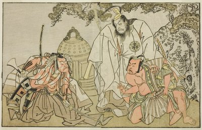 Aktorzy Nakajima Mihoemon II jako Aramaki Mimishiro (po prawej), Matsumoto Koshiro II jako Otomo no Yamanushi (w środku) i Ichikawa Danzo III jako Hannya no Goro (po lewej), w sztuce Kuni no Hana Ono no Itsumoji, wystawione w Teatrze Nakamura w XI autorstwa Katsukawa Shunsho