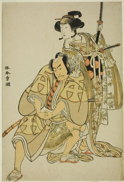 Aktorzy Nakamura Nakazo I jako Hata Rokurozaemon przebrany za służącego samuraja (Yakko) Igaguri Hanehei (po lewej) i Nakamura Noshio I jako dama oczekująca Koto no Naishi (po prawej) w sekwencji tanecznej "Sodegasa Momiji no Tekuda" (Parasolowe rękawy autorstwa Katsukawa Shunsho