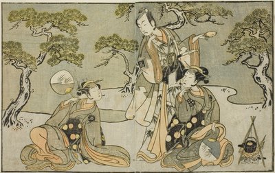 Aktorzy Nakamura Nakazo I jako Matsukaze (po prawej), Ichikawa Komazo II jako Ariwara no Yukihira (w środku) i Iwai Hanshiro IV jako Murasame (po lewej), w sztuce Kuni no Hana Ono no Itsumoji, wystawionej w Teatrze Nakamura w XI Miesiąc, 1771 autorstwa Katsukawa Shunsho
