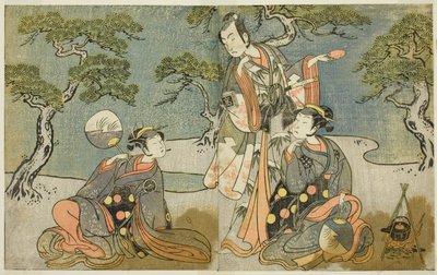 Aktorzy Nakamura Nakazo I jako Matsukaze (po prawej), Ichikawa Komazo II jako Ariwara no Yukihira (w środku) i Iwai Hanshiro IV jako Murasame (po lewej), w sztuce Kuni no Hana Ono no Itsumoji, wystawionej w Teatrze Nakamura w XI Miesiąc, 1771 autorstwa Katsukawa Shunsho