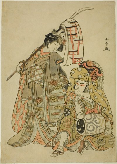 Aktorzy Nakamura Nakazo I jako Onmaya Kisanda przebrany za tancerza lwa Kakubei (Kakubei-jishi) (po prawej) i Segawa Kikunojo III jako Shizuka Gozen (po lewej), w Sekwencji Tańca „Myoto-zake Kawaranu Nakanaka” (Wieczna harmonia małżeństwa ) Puchar), od t autorstwa Katsukawa Shunsho