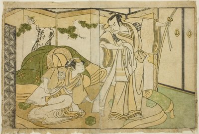 Aktorzy Nakamura Nakazo I jako Taira no Kiyomori (po prawej) i Yamashita Kinsaku II jako Tokiwa Gozen (po lewej), w sztuce Nue no Mori Ichiyo no Mato, wystawionej w Teatrze Nakamura w jedenastym miesiącu 1770 autorstwa Katsukawa Shunsho