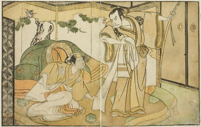 Aktorzy Nakamura Nakazo I jako Taira no Kiyomori (po prawej) i Yamashita Kinsaku II jako Tokiwa Gozen (po lewej), w sztuce Nue no Mori Ichiyo no Mato, wystawionej w Teatrze Nakamura w jedenastym miesiącu 1770 autorstwa Katsukawa Shunsho