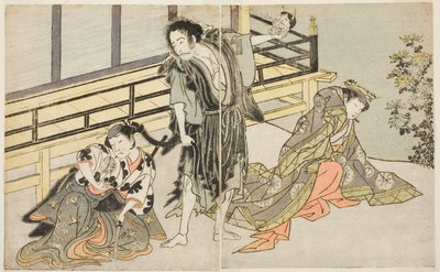 Aktorzy Nakamura Noshio I jako Nyosan no Miya (po prawej), Ichikawa Danjuro V jako Mnich-Renegat Yochin (w środku) i Yamashita Kinsaku II jako Pokojówka Mutsuhana (po lewej), w sztuce Fuki Kaete Tsukimo Yoshiwara, w Teatrze Morita w jedenastu autorstwa Katsukawa Shunsho