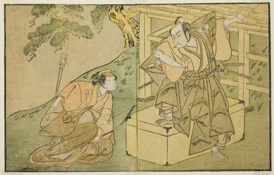 Aktorzy Onoe Matsusuke I jako Akaboshi Taro (po prawej) i Azuma Tozo II jako Shirotae (po lewej), w sztuce Kono Hana Yotsugi no Hachi no Ki, wystawionej w Teatrze Ichimura w jedenastym miesiącu 1771 autorstwa Katsukawa Shunsho