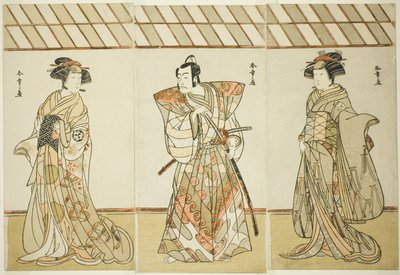 Aktorzy Onoe Tamizo I jako Nishikigi (?) lub Otae (?) (po prawej), Ichikawa Danjuro V jako Miura Heidayu Kunitae (?) (w środku) i Osagawa Tsuneyo II jako Oyuki (?) (po lewej), w Dacie odtwarzania Nishiki Tsui no Yumitori (?), Wystąpił w Teatrze Morita (?)  autorstwa Katsukawa Shunsho