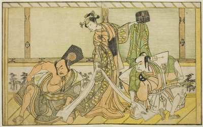 Aktorzy Otani Hiroji III jako Kawazu no Saburo (po prawej), Segawa Kikunojo II jako księżniczka Tatsu (Tatsu Hime) (w środku) i Nakamura Sukegoro II jako Matano no Goro (po lewej), w Play Myoto-giku Izu no Kisewata, Wystąpiono w Teatrze Ichimura w Eleven autorstwa Katsukawa Shunsho