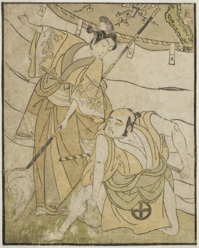 Aktorzy Otani Tomoemon I jako Emohei (po prawej) i Sanogawa Ichimatsu II jako Sanada Yoichi (po lewej), w sztuce Myoto-giku Izu no Kisewata, wystawionej w Teatrze Ichimura w jedenastym miesiącu 1770 autorstwa Katsukawa Shunsho