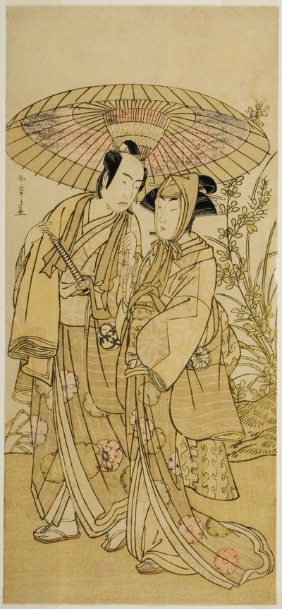Aktorzy Segawa Kikunojo III (po prawej) jako Ochiyo i Bando Mitsugoro I (po lewej) jako warzywniak Hambei w sztuce Kabuki no Hana Bandai Soga, wystawionej w Teatrze Ichimura w czwartym miesiącu 1781 r. autorstwa Katsukawa Shunsho