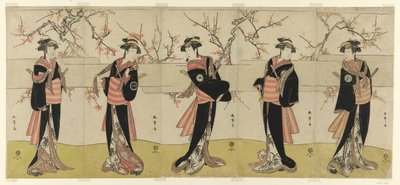 Aktorzy Segawa Kikunojo III jako Karigane Obun, Nakayama Tomisaburo I jako An no Oyasu, Iwai Kiyotaro II jako Kaminari no Osha, Nakayama Tatezo I jako Gokuin no Osen i Ichikawa Monnosuke II jako Hotei no Oichi (od prawej do lewej), w „Gonin Onna, scena pie autorstwa Katsukawa Shunsho