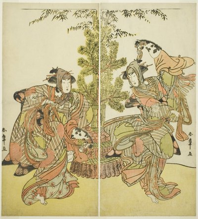 Aktorzy Segawa Kikunojo III jako Yasukata (po prawej) i Iwai Hanshiro IV jako Utou (po lewej) w sztuce Godai Genji Mitsugi no Furisode, wystawionej w Teatrze Nakamura w jedenastym miesiącu, 1782 autorstwa Katsukawa Shunsho