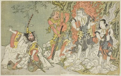 Sztuka Fuki Kaete Tsuki mo Yoshiwara (Dach pokryty dachówką: Księżyc świeci również nad dzielnicą przyjemności Yoshiwara), wystawiona w teatrze Morita w jedenastym miesiącu, ok. 1771-72 (drzeworyt) autorstwa Katsukawa Shunsho