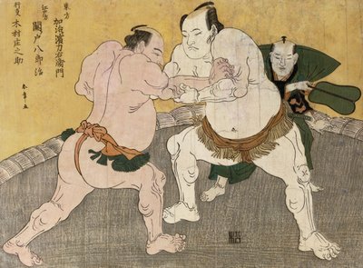 Mecz zapaśniczy Kimenzan Tanigoro i Edogasaki Gemji (kolorowy drzeworyt) autorstwa Katsukawa Shunsho