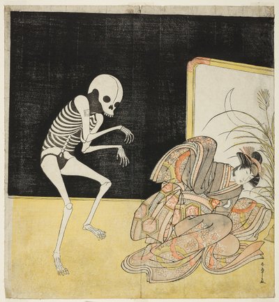 Aktorzy Ichikawa Danjuro V jako szkielet, duch renegata mnicha Seigena (po lewej) i Iwai Hanshiro IV jako księżniczka Sakura (po prawej) w sztuce „Ślady sosny i wiśni” autorstwa Katsukawa Shunsho
